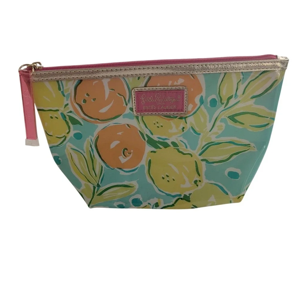 Lilly Pulitzer Makeup Bag Women OS Blue Orange Citrus Print Estee Lauder Pouch